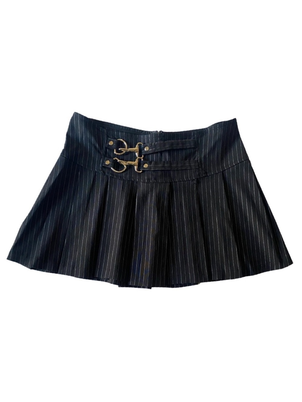 Lip Service Y2K Women’s Black Pinstripe Pleated Mini Skirt with Buckle Detail